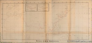 Composite image of chart showing 1910-11 Far East Trip of S.M.S. Gneisenau